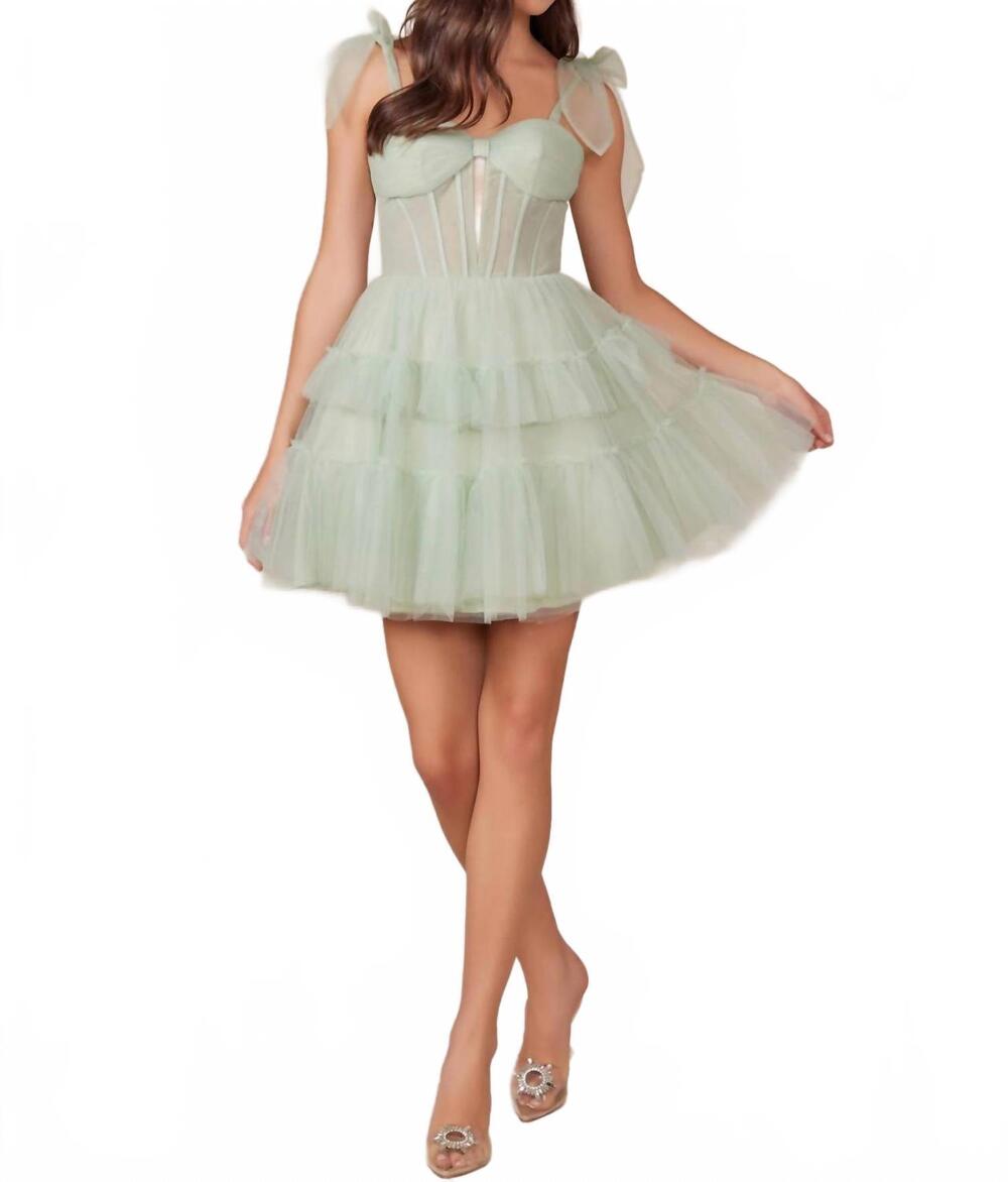 NEW NOX ANABEL short sleeveless tiered a-line prom dress in sage